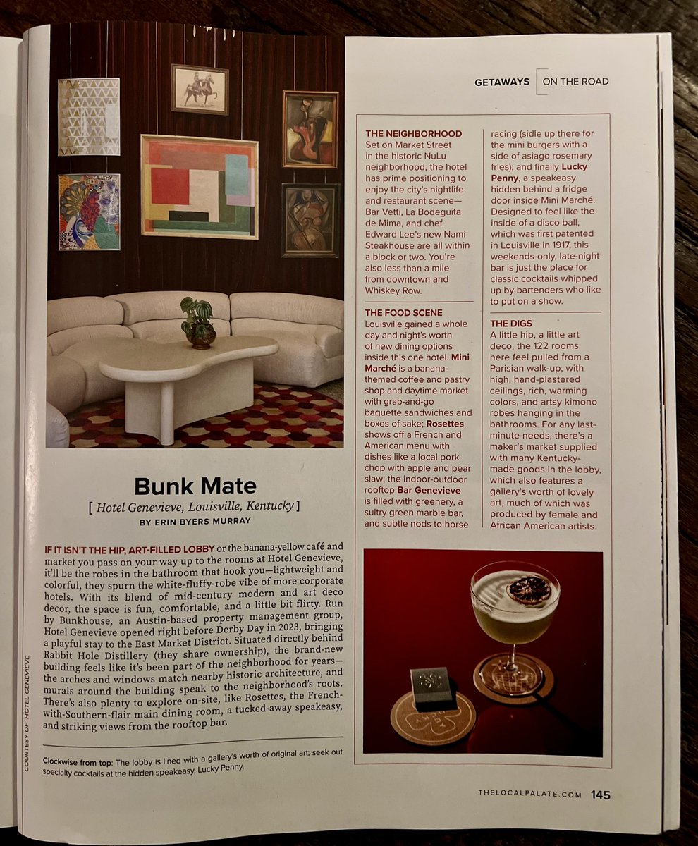 JohnFischer22's tweet photo. PALATE: “Louisville gained a whole new day and night’s worth of dining options inside this one hotel.” Page 145 !#palatemagazine #HotelGenevieve #Rosettes #Nulu #Louisville #Kentucky #Hotel #Hospitality #MountainAndShore #FISCHERSRealEstateBrokerageAndBettermentHaus https://t.co/O6DlmHAyBj