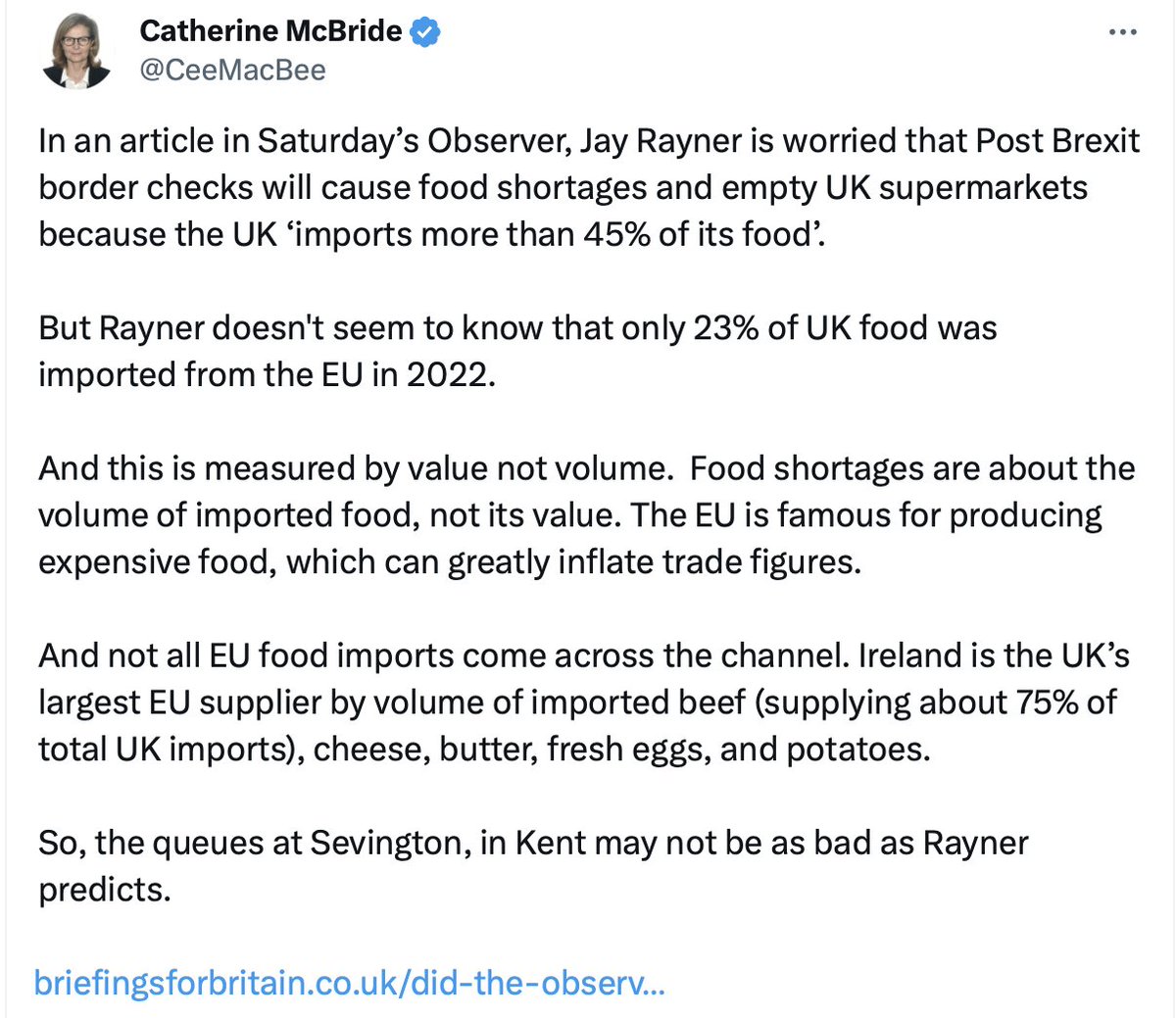 Catherine McBride, the IEA 'economist' who rather likes comparing apples with pears has produced a new 'article' in Answer to Jay Rayner's piece in Saturday's Observer. Her answer to JR isn't what interests me here. It's always worth picking these things over for other info. 🧵