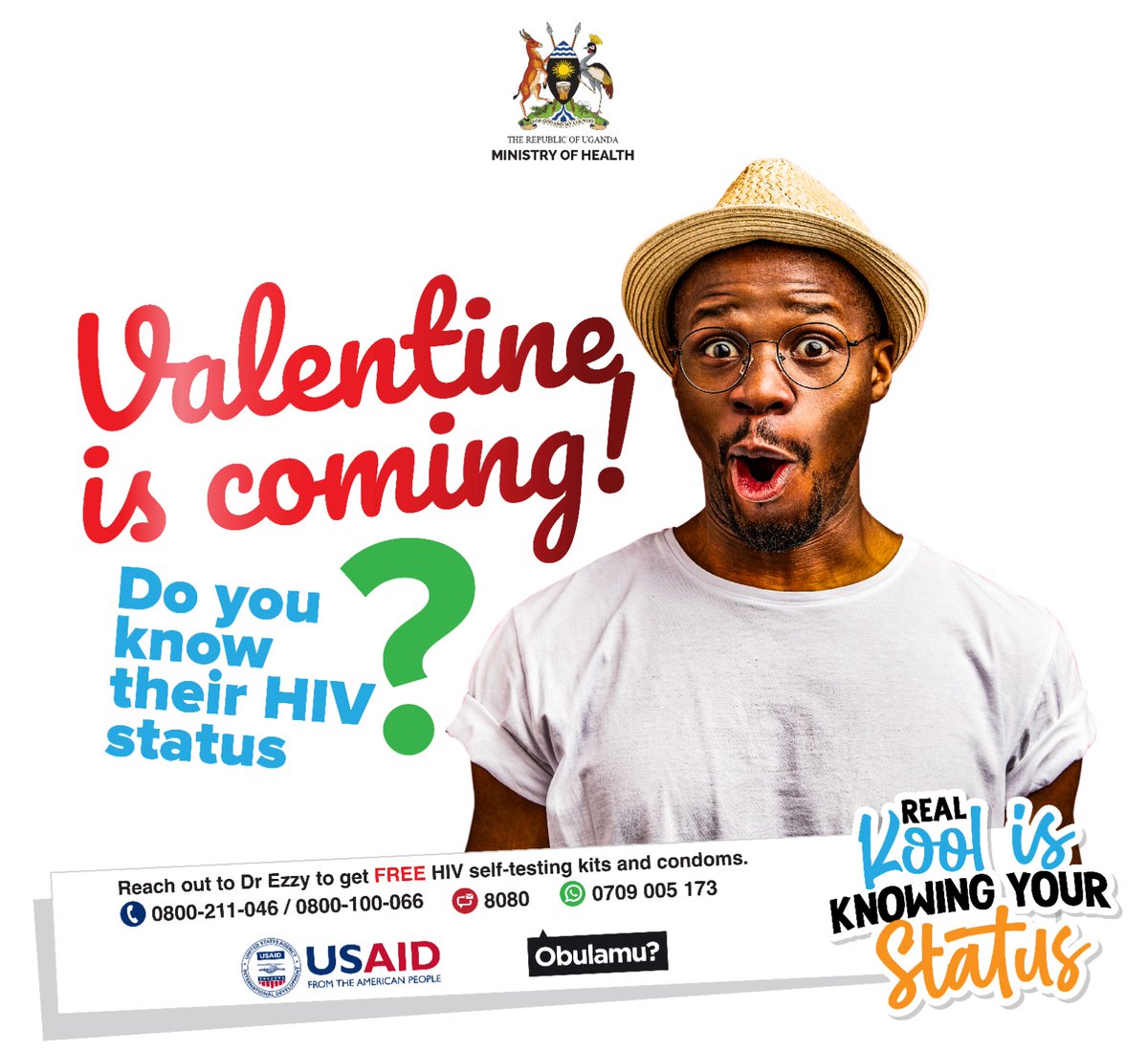 TMCGLtd's tweet photo. Valentine is coming! 💗
Reach out to Dr. Ezzy on 0800 211046 or Whatsapp on 0709 005173 and get FREE HIV self-testing kits and condoms.
Real Kool is knowing your status.
#TimeUpHIV
#Obulamu https://t.co/nYw2oiOTd5