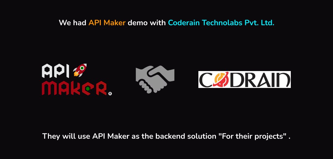 We really enjoyed demo with Coderain Technolabs Pvt. Ltd.

will use API Maker 🚀 in their next projects as backend technology.
🎇 Thank you.😊

Interested in Demo?  
Comment 'Yes', will contact you.

#backend #javascript #apimaker #apidevelopment