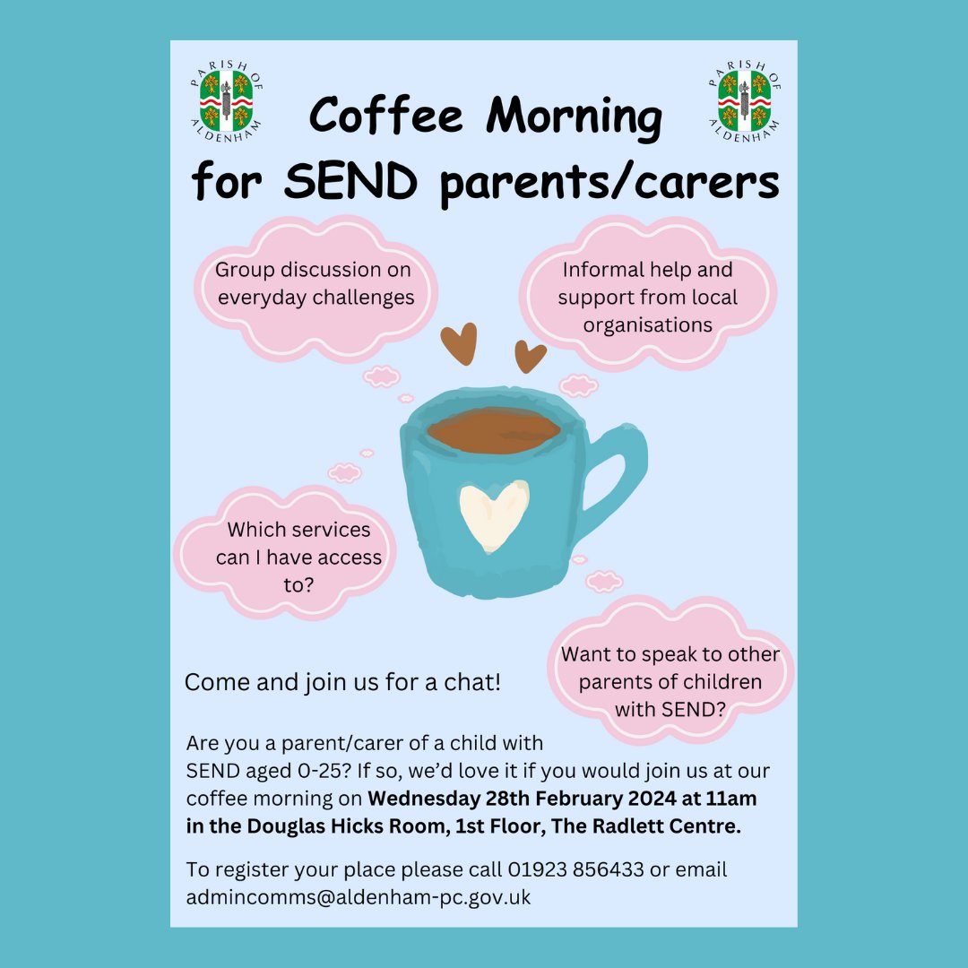 Are you a parent/carer of a child with SEN aged 0-25?

If so, come along to this SEND coffee morning, ADD-vance are looking forward to attending & sharing the services we offer. @AldenhamPC

#SEND #SEN #ADHD #Autism #Hertfordshire #coffeemorning #Aldenham #ADDvance #Herts