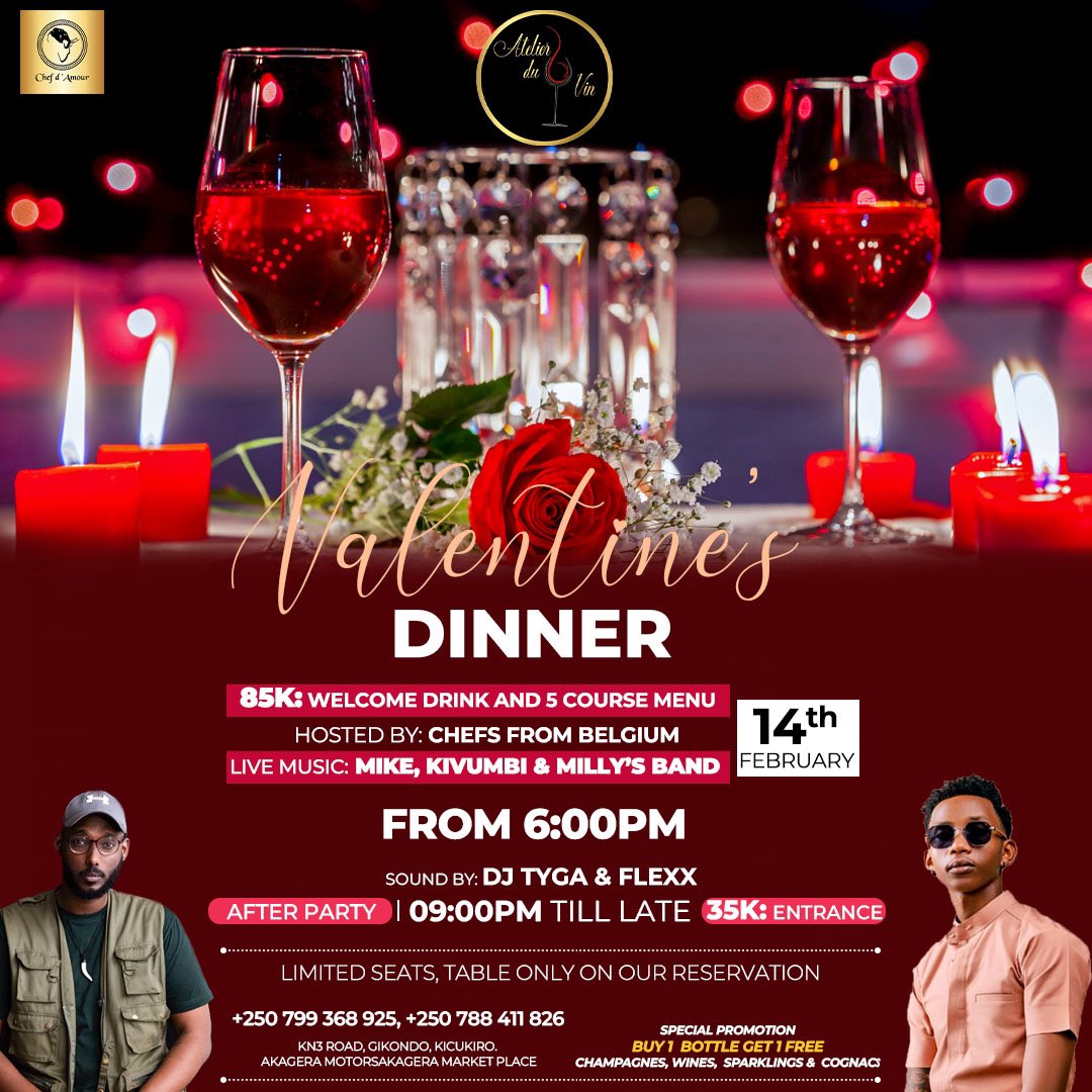 🌹 #RwOT #RwOX Get ready for the most romantic dinner. Join @MikeKayihura and @umwami_kivumbi for an unforgettable evening filled with love - On Wednesday, Feb 14th at Atelier du vin 6PM, Indulge in a culinary experience like no other, expertly crafted by chefs from Belgium. 🍽️🇧🇪…