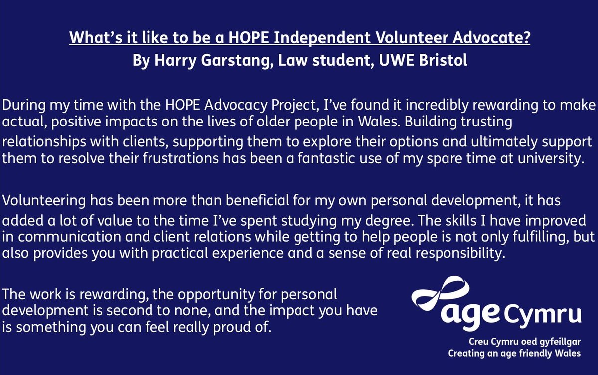 Age Cymru (@agecymru) on Twitter photo This week is <a href="/StudentVolWeek/">Student Volunteering Week</a>.
We'd like to say a big thank you to all our wonderful students volunteers who support older people and carers through our HOPE project by being an Independent Volunteer Advocate.
Find out more about HOPE bit.ly/VolAdvocate This week is <a href="/StudentVolWeek/">Student Volunteering Week</a>.
We'd like to say a big thank you to all our wonderful students volunteers who support older people and carers through our HOPE project by being an Independent Volunteer Advocate.
Find out more about HOPE bit.ly/VolAdvocate