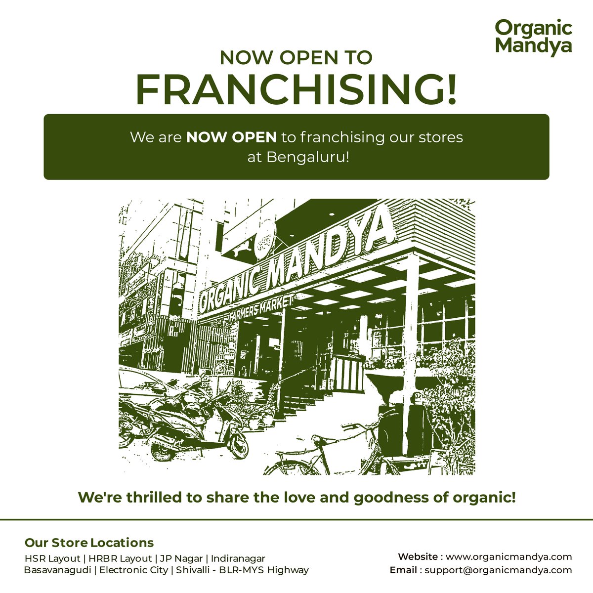 We have some exciting News! 😃✨ We are happy to announce that we are NOW OPEN to franchising our stores! Imagine spreading the joy of fresh, organic goodness in every corner of Bengaluru! We believe in fostering an organic lifestyle, and we want YOU to join us in this mission.