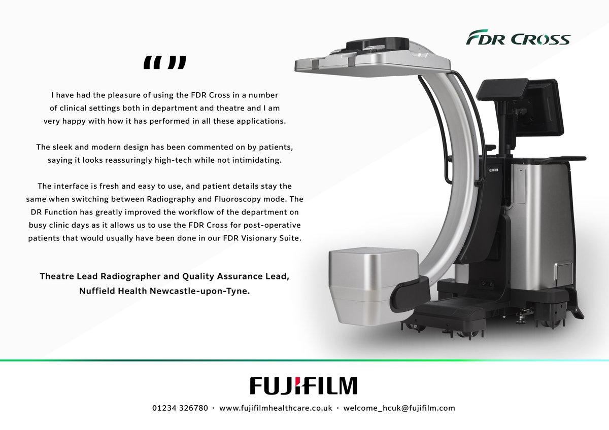 FUJIFILM Healthcare UK (@fujifilmhcuk) on Twitter photo 💬 Hear from the Theatre Lead Radiographer and Quality Assurance Lead from <a href="/NuffieldNCL/">Nuffield Health Newcastle Hospital</a> as they highlight the positive impact the FDR Cross is having on-site. Impressing not only the staff but patients as well.
#HealthcareSolutions #FDRCross #Fluoroscopy #Radiography 💬 Hear from the Theatre Lead Radiographer and Quality Assurance Lead from <a href="/NuffieldNCL/">Nuffield Health Newcastle Hospital</a> as they highlight the positive impact the FDR Cross is having on-site. Impressing not only the staff but patients as well.
#HealthcareSolutions #FDRCross #Fluoroscopy #Radiography