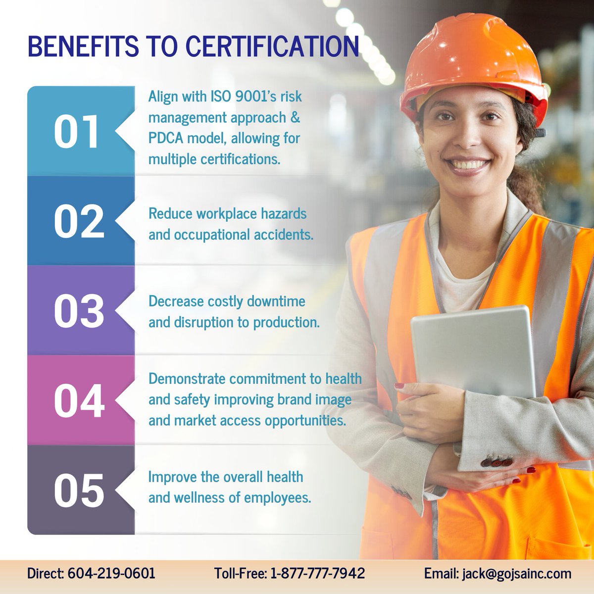 gojsainc's tweet image. Complete consulting support for ISO 45001: 2018. A proven 38 point implementation process to identify your needs, gaps and opportunities to lead you to ISO 45001: 2018 certification.

Jack Sekhon P. Eng
Direct: 604-219-0601
Toll Free: 1-877-777-7942
Email: jack@gojsainc.com