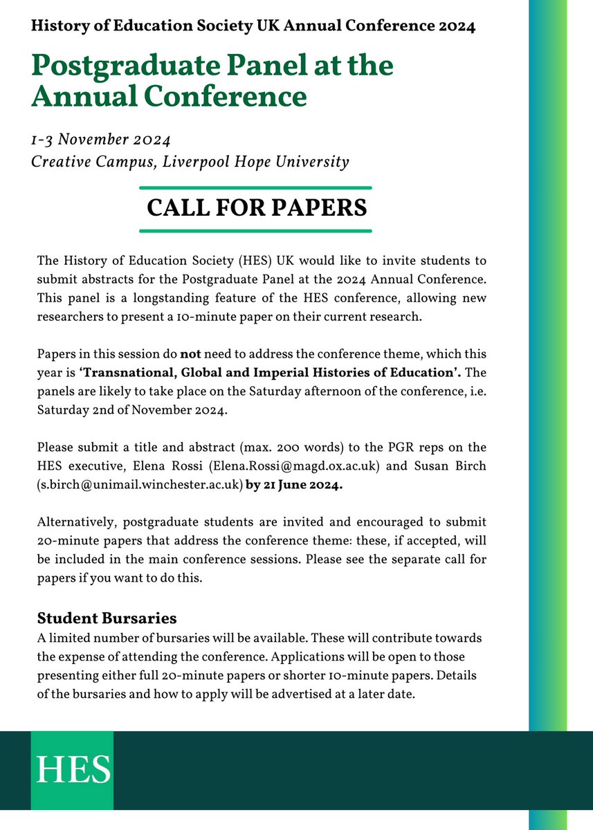 History of Education (@histedsocuk) on Twitter photo 📢CALL FOR PAPERS 📢
Calling all #HistEd enthusiasts, #PGR and #ECR students! We are excited to open up a call for submissions towards this year's <a href="/HistEdSocUK/">History of Education</a> Annual Conference on the theme 'Transnational, Global and Imperial Histories of Education'.
historyofeducation.org.uk/conference/ 📢CALL FOR PAPERS 📢
Calling all #HistEd enthusiasts, #PGR and #ECR students! We are excited to open up a call for submissions towards this year's <a href="/HistEdSocUK/">History of Education</a> Annual Conference on the theme 'Transnational, Global and Imperial Histories of Education'.
historyofeducation.org.uk/conference/