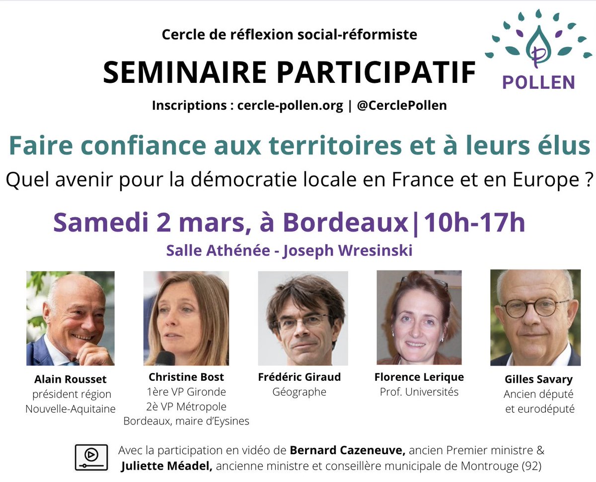 Participez à notre #séminaire "Faire confiance aux territoires et aux élus | Quel avenir pour la démocratie locale en 🇫🇷 &amp; 🇪🇺 ?"       

📍 Samedi 2⃣ mars, #Bordeaux    

<a href="/al_rousset/">Alain Rousset</a> <a href="/christinebost/">Christine Bost</a> <a href="/FlorenceLerique/">Florence Lerique</a>... 
📹 <a href="/BCazeneuve/">Bernard Cazeneuve</a> <a href="/juliettemeadel/">Juliette Méadel</a> 

💻 cercle-pollen.org/2024/01/18/sem…
