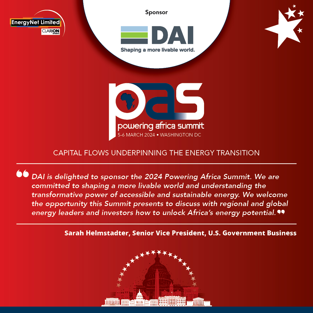 We are pleased to welcome @DAIGlobal as our Sponsor of #PAS24 It's great hearing from Sarah Helmstadter about DAI's commitment to understanding the transformative power of accessible and sustainable energy. Register here: bit.ly/3Uwbmi5 📅 5-6 March 📍#WashingtonDC