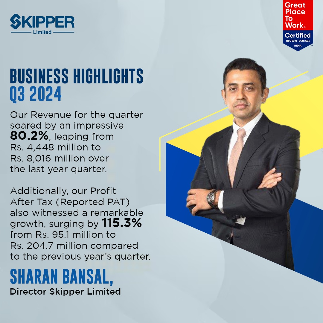 Thrilled to share the fantastic Q3 results for the FY 24 at Skipper Limited! Our team's relentless dedication and strategic focus have propelled us to new heights, showcasing robust financial performance and sustainable growth. Here is the complete Press Release: