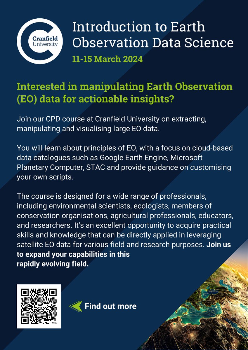 Just a few days left to sign up to our EO Data Science course at Cranfield University, 11-15 March! Ideal for scientists and professionals in environmental science, ecology, and more. More here: cranfield.ac.uk/courses/short/… #EarthObservation #DataScience @CranfieldUni