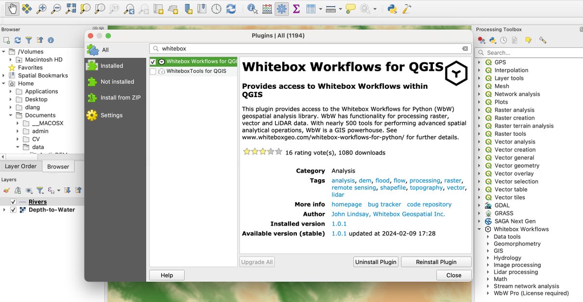We've recently released a #QGIS plugin for Whitebox Workflows for Python (WbW). Now you can access this powerful #python #geoprocessing library from an easy-to-use GUI.  #GIS #gischat #geospatial #mapping #spatialanalysis #geopython

QGIS plugin: plugins.qgis.org/plugins/whiteb… 

WbW:…