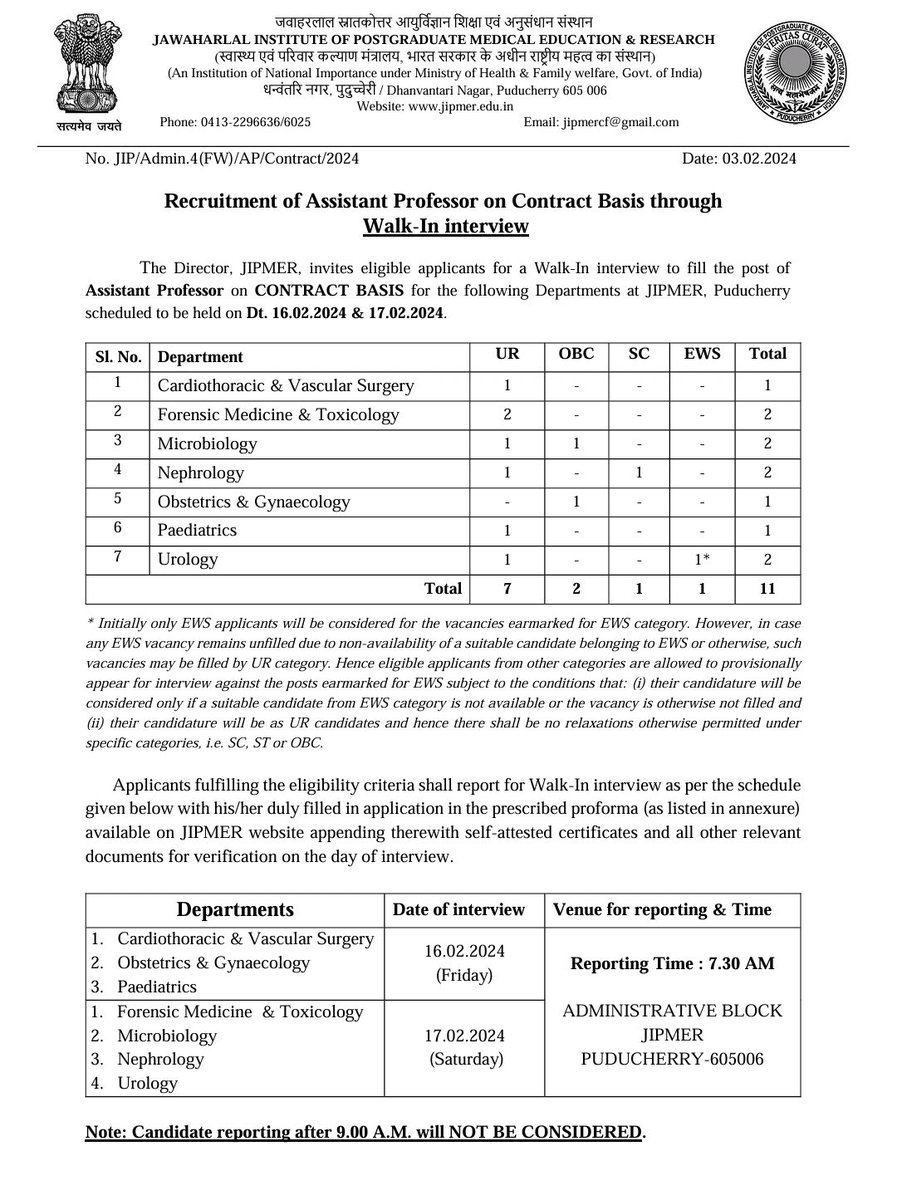 Recruitment of Assistant Professor (contract basis) in various Department at JIPMER, Puducherry through Walk-In Interview | TWO positions in Nephrology Dept. buff.ly/3uzzAh2