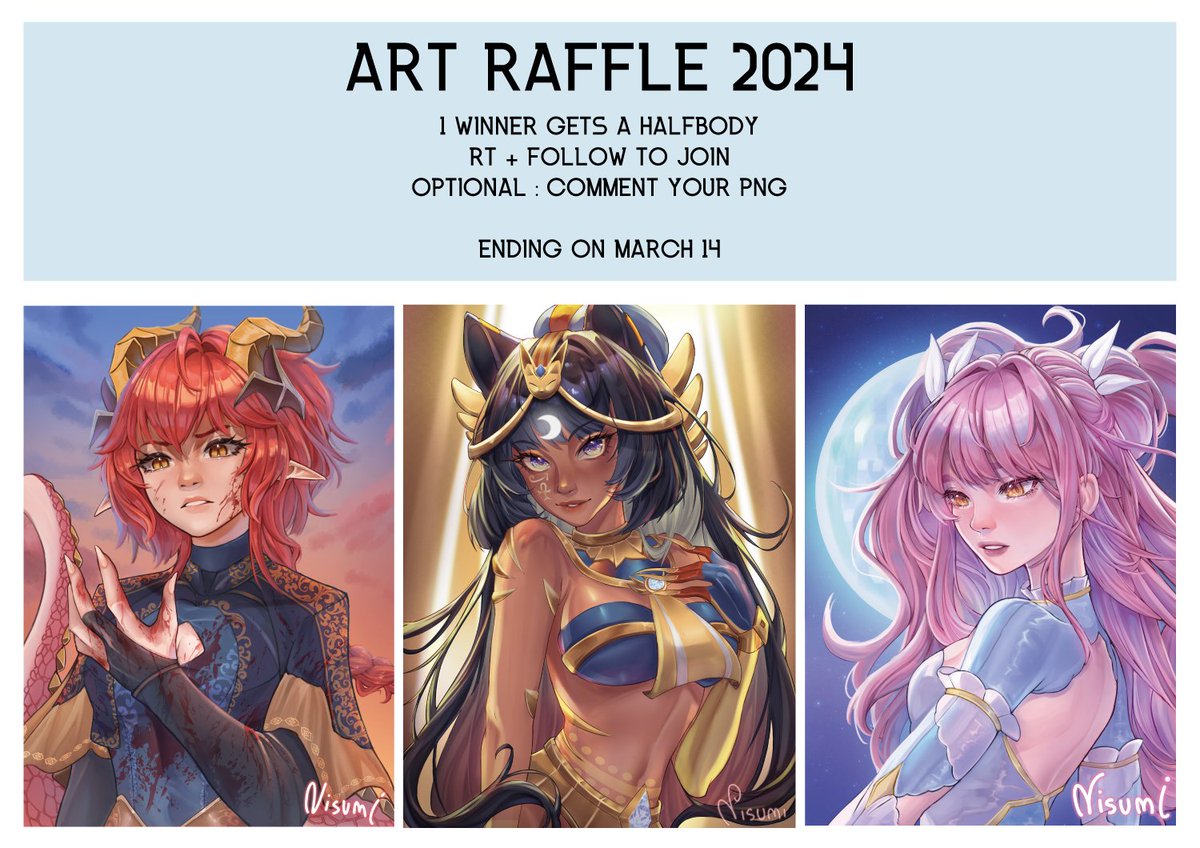 💙ART RAFFLE 💙
I'd like to thank you for all the love I receive so I offer you a halfbody ✨

To enter :
• Follow me 
• RT this post 
• (optional : comment your png) 

Ends March 13th!
