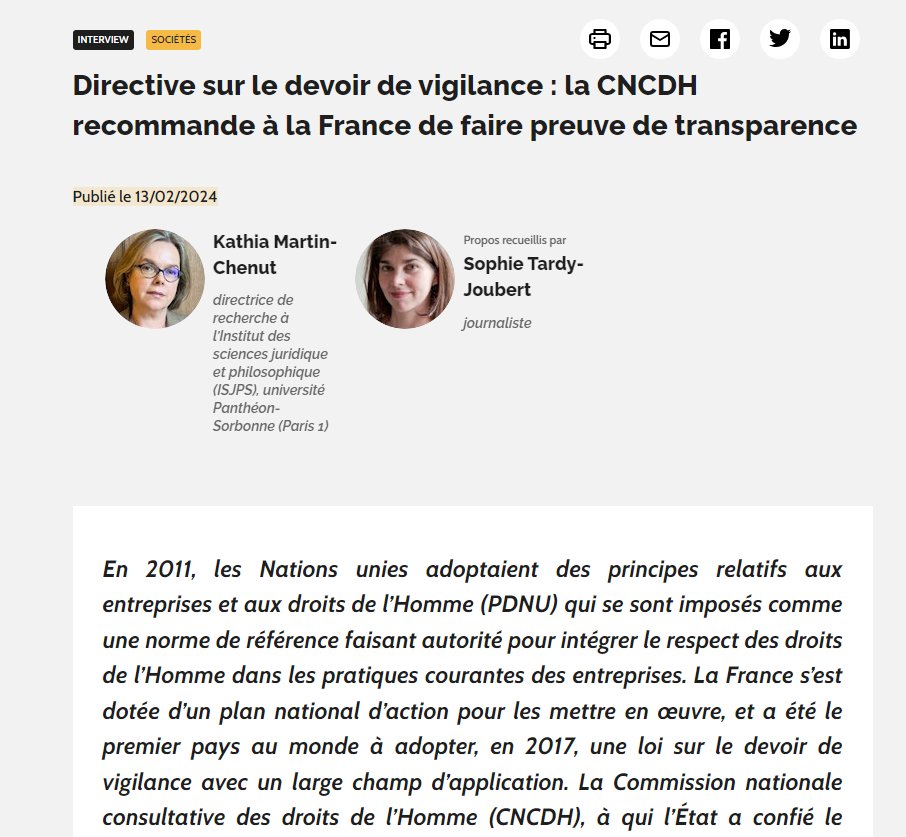 CNCDH's tweet photo. [ENTRETIEN] 
Retour sur le rapport relatif au respect des #droitsdelhomme par les #entreprises avec @kathiamc1 dans @ActuJuridiqueFR 
👉https://t.co/rRfGri5D8H
#RSE #bizhumanrights #CSDDD #CSRD #devoirdevigilance https://t.co/d24ttxUh0Y