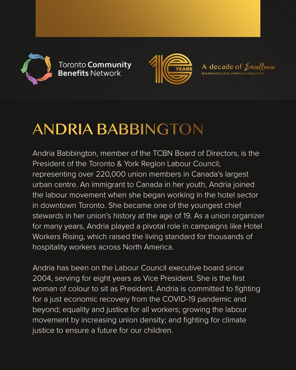 Andria Babbington is a valuable member of the TCBN Board of Directors. Andria is dedicated to equality and justice for all workers, growing the labor movement, and fighting for climate justice. Join us in celebrating Andria Babbington from @torontolabour #adecadeofexcellence