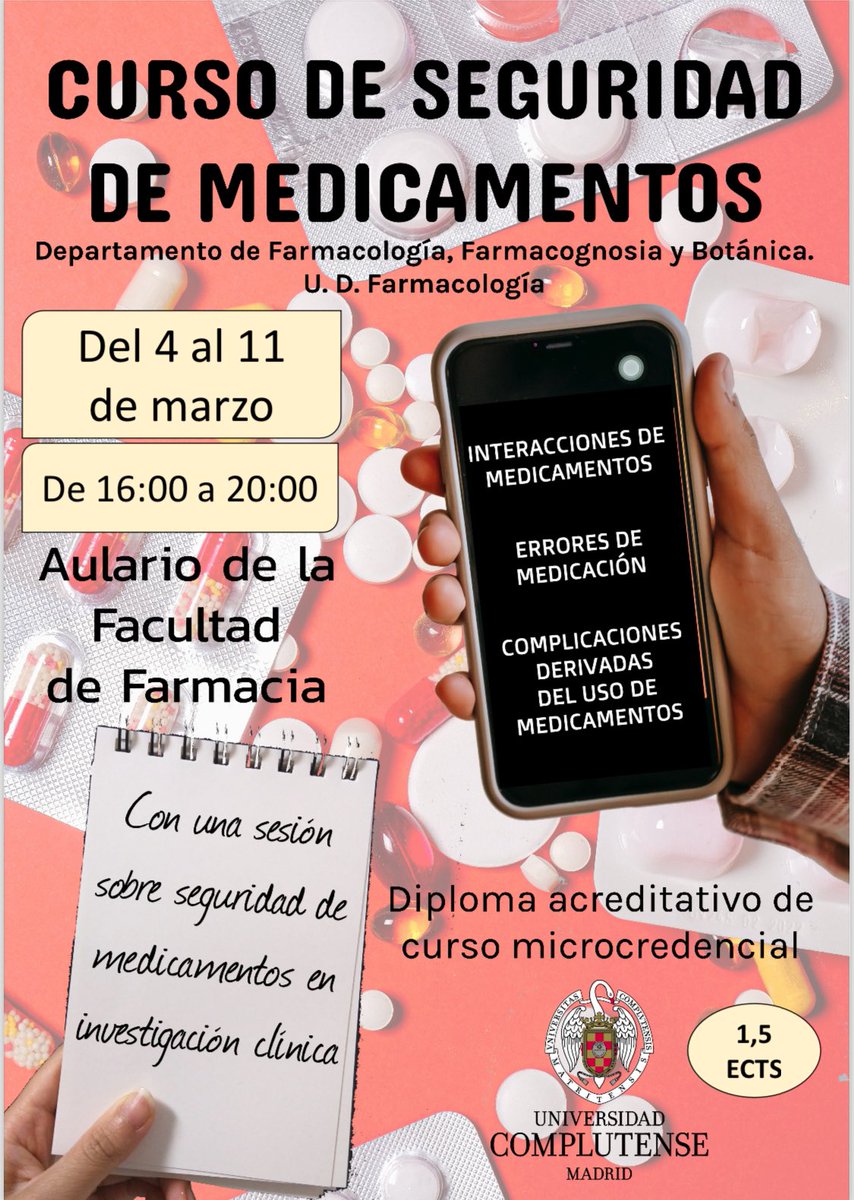 ¡Futur@s farmaceutic@s! ¡Sobre todo a los que os gusta la clínica y el trato con el paciente! No podéis perderos este curso del Departamento de Farmacología, Farmacognosia y Botánica. ¡Con 1,5 créditos y Diploma de Microcredencial!
<a href="/delefarmaUCM/">delefarmaUCM</a> <a href="/ffarmaciaUCM/">Facultad Farmacia UCM</a> <a href="/casaestudiante/">La Casa del Estudiante</a>