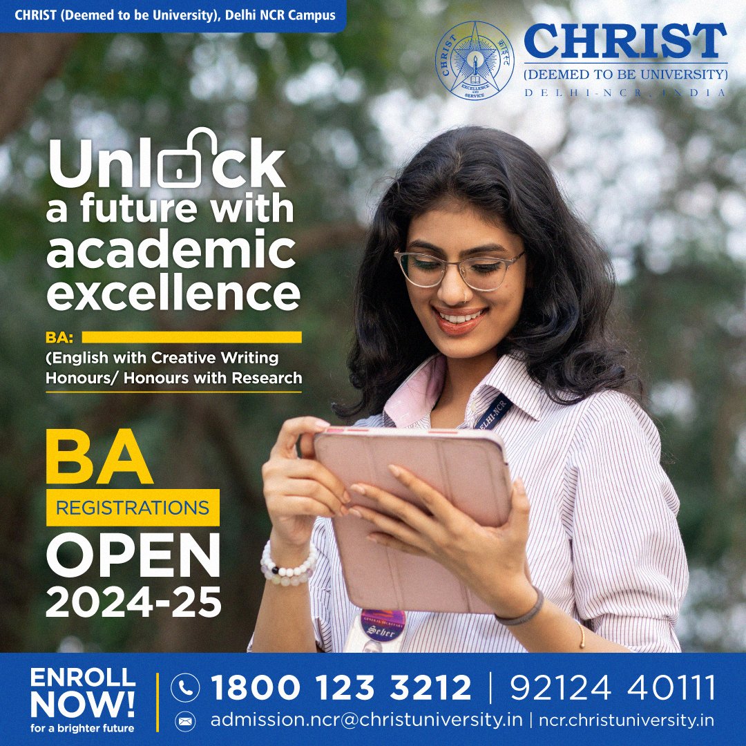 Unlock your creativity with our BA in English with Creative Writing at CHRIST University Delhi NCR!
Ignite your passion for storytelling, poetry, and literature while honing your writing skills to craft compelling narratives. 
Admissions are now open for 2024-25
#CHRIST