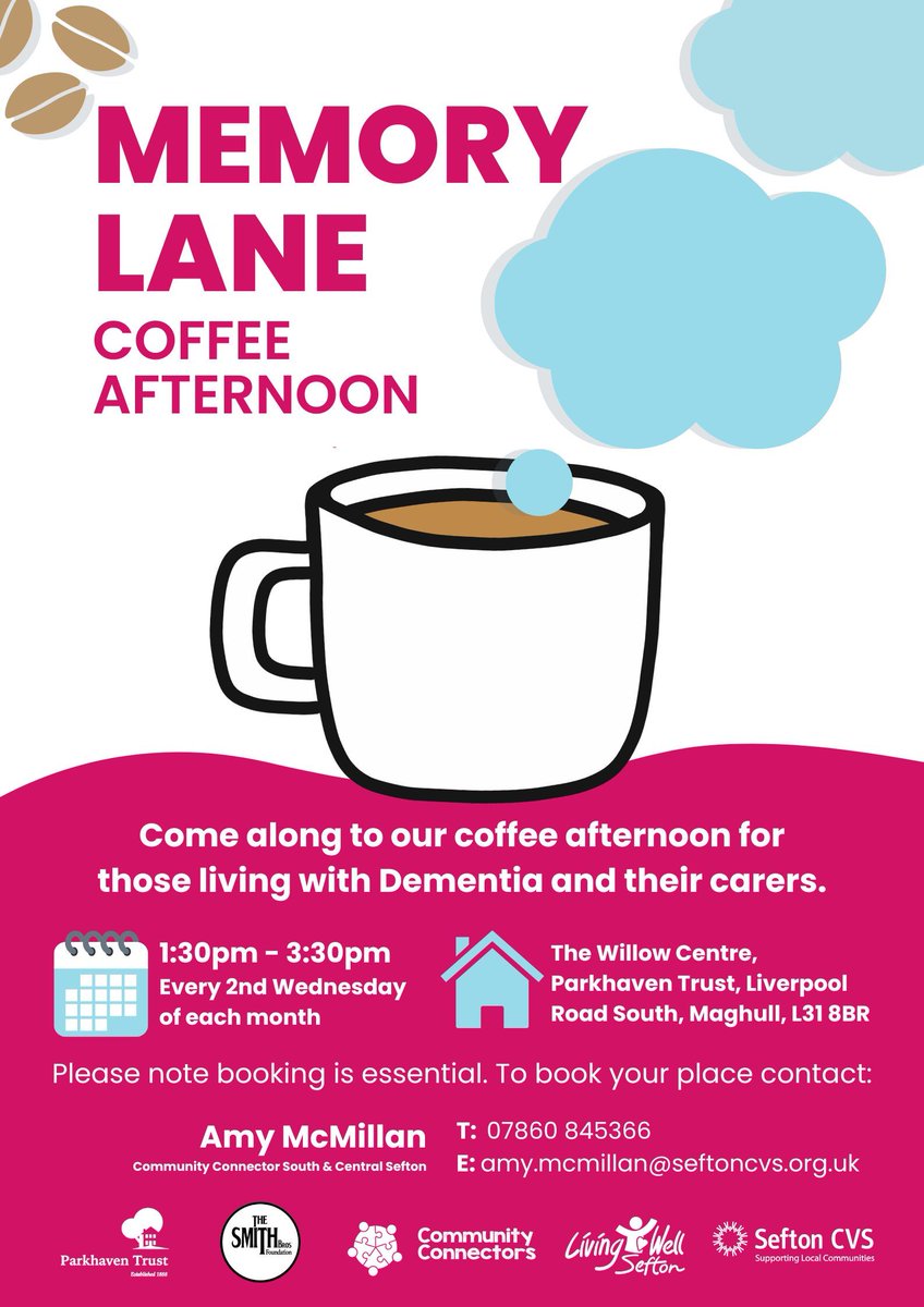 Memory Lane, Dementia Cafe takes place at The Willow Centre tomorrow! (14th Feb)
We are delighted to be working with Sefton Community Connectors,  Sefton Council for Voluntary Service, Living Well Sefton and The Smith Brothers Foundation.
buff.ly/3HSFe0v