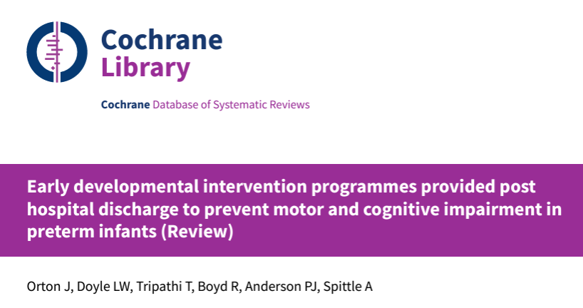 This update included 19 new studies (in total 44 studies, 5051 participants). Early developmental intervention: - may improve cognitive outcomes in infancy - improves cognitive outcomes at preschool age - may not improve cognitive outcomes at school age cochranelibrary.com/cdsr/doi/10.10…
