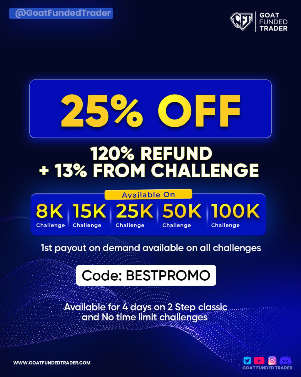 Goat Funded Trader on X: &ldquo;🚨 DISCOUNT ALERT 🚨 🔹25% OFF 🔹120 