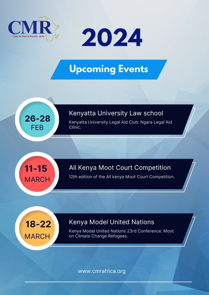 CMR_Africa's tweet photo. We're excited to unveil the upcoming activities scheduled for CMR-Africa in collaboration with our esteemed partners throughout February and March!
Stay tuned for further details, and be sure to mark your calendars! 🗓️ #CMRAfrica #FebMarchActivities #LegalAid #MootCompetition https://t.co/J9EOfkDr31