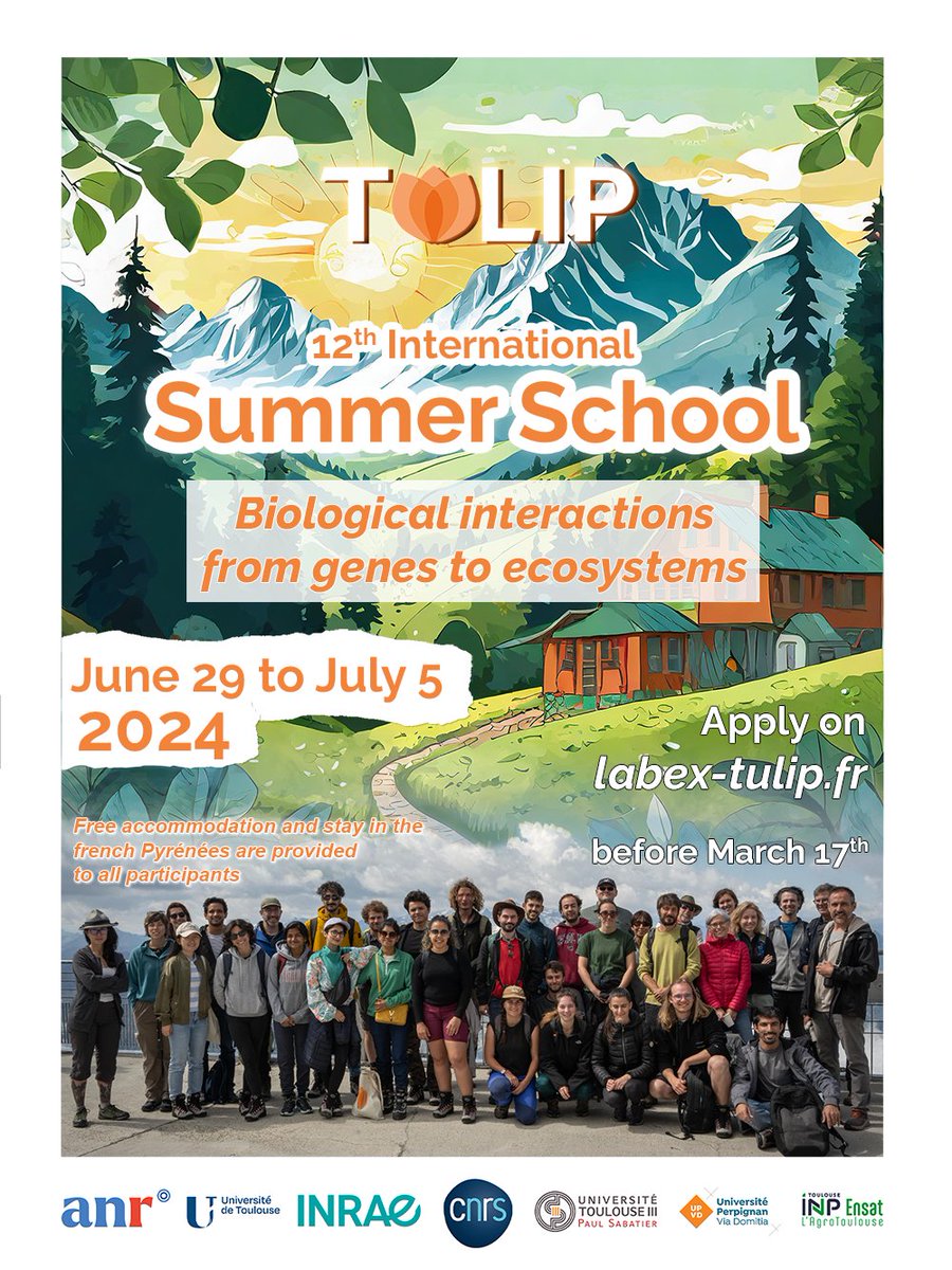 TULIP Summer School 2024 Applications OPEN ✅ You are a PhD or master student, a Postdoc researcher ? Our #SummerSchool in integrative biology and ecology is made for you 🧬🌱🏔️🌍 From June 29 to July 5 📌 Germ, French Pyrenées ▶️bit.ly/TULIPSummerSco…