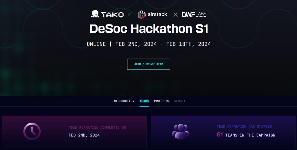 61 teams building! 💪

💰 $27,000 prize pool 💸
⭐️ Build with Airstack, Tako, Lens, Farcaster or Xmtp🛠️
🌟 Winner's presentation at ETH Denver! 🏆

#DesocHackathon