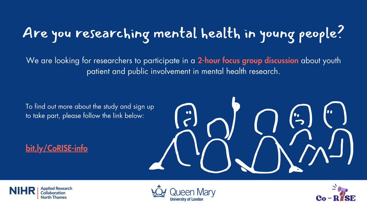 ⭐️ We want to hear from youth mental health researchers ⭐️

We're looking for researchers based in London to join a focus group discussion on:

🗓️ 6th March (F2F): 12:30pm - 2:30pm
🗓️ 20th March (online): 1:00pm - 3:00pm

Find out more &amp; sign up below 👇

bit.ly/CoRISE-info