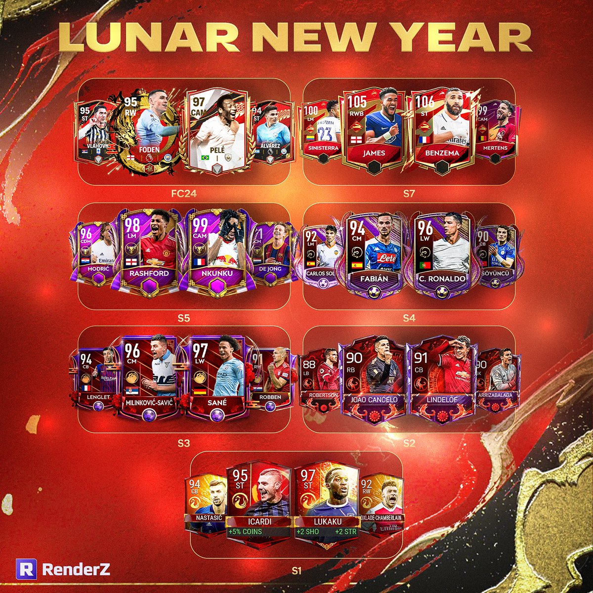 🐉 The Year of the Dragon is in full swing in #FCMobile! Do you remember the previous Zodiacs in #FIFAMobile?
🐓 Season 1
🐕 Season 2
🐖 Season 3
🐀 Season 4
🐂 Season 5
🐇 Season 7
View all these past players and more at renderz.app!