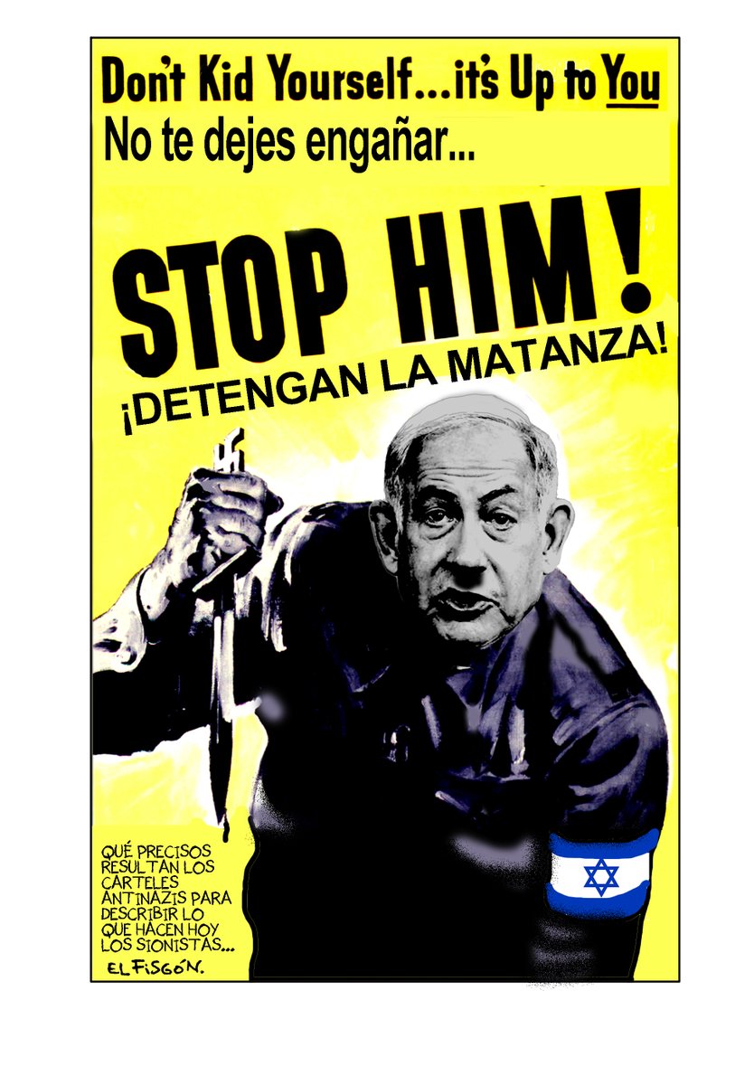 fisgonmonero's tweet photo. Las caricaturas y carteles antifascistas que se publicaron para denunciar la barbarie de Hitler y los nazis se pueden parafrasear para denunciar las atrocidades que hoy cometen Netanyahu y los sionistas contra los palestinos.
Mi cartón de hoy es un homenaje a un viejo cartel. https://t.co/VO7slQ5XBz