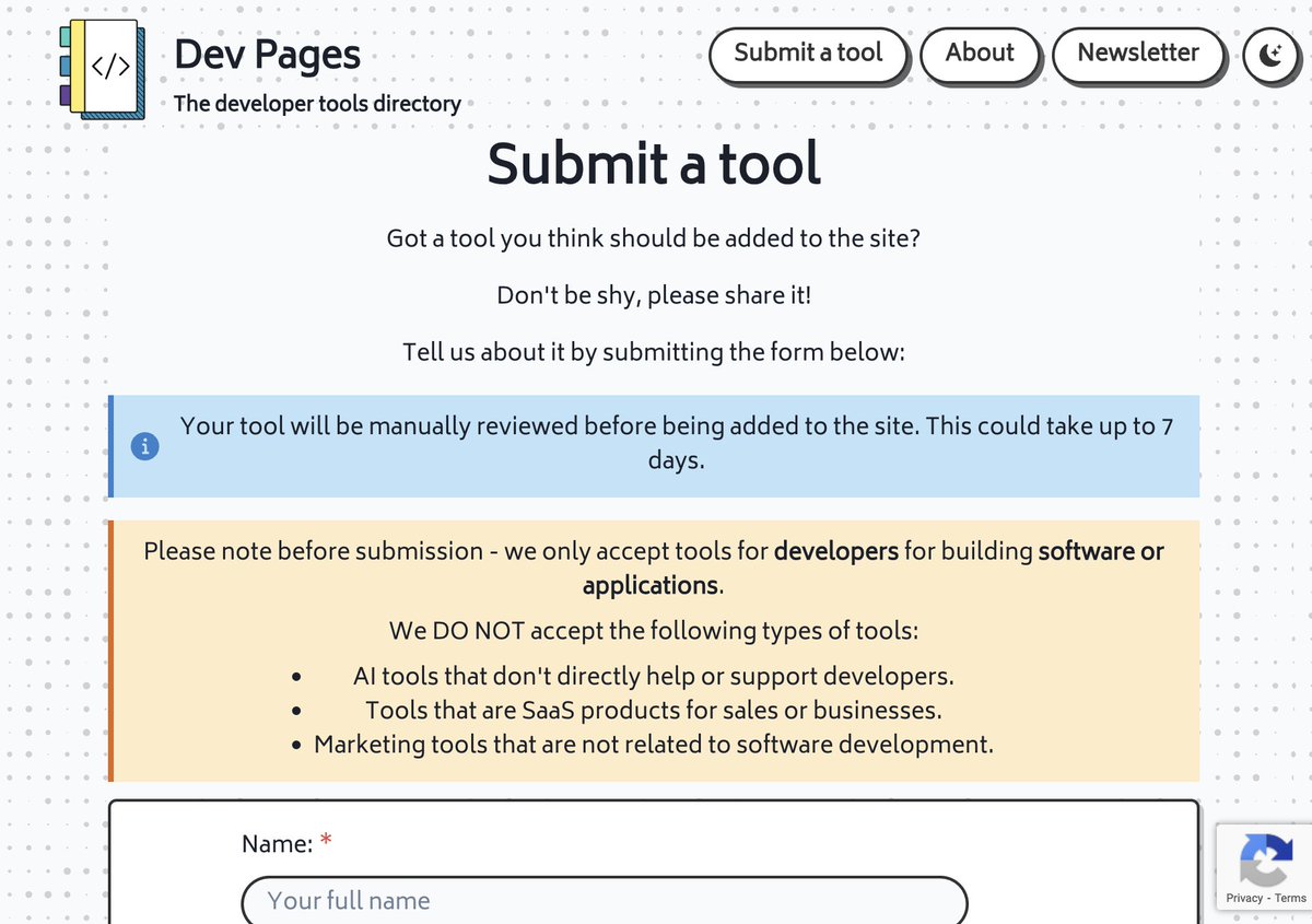 Lately I've been getting a lot of submissions of random AI tools for <a href="/Dev_Pages/">Dev Pages</a>.

Dev Pages isn't an AI tool directory, it's to help developers / coding related tools.

Maybe I need an auto-check for rogue tools!

This notice doesn't seem to have helped 😅

#buildinpublic