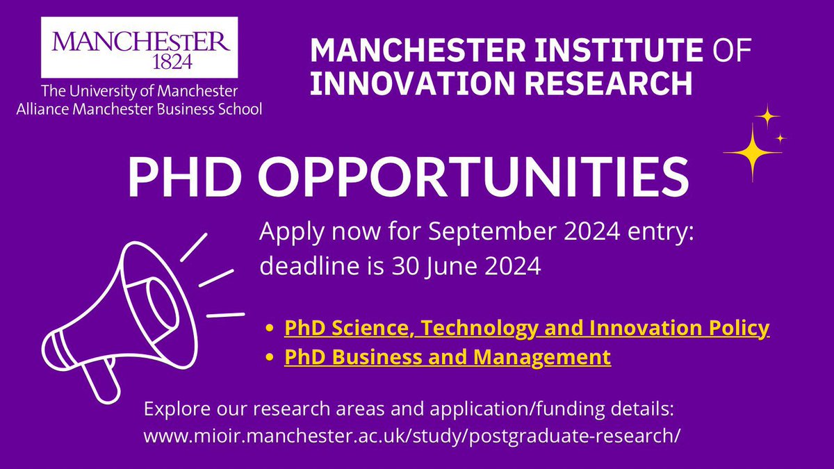 Discover #PhD opportunities at MIOIR! Explore topics like Innovation Districts, AI and many more. 🗓️ Mark your calendars: @AllianceMBS Internal Funding Competition stage 2 deadline: 15 March 2024. Don’t miss out! Further details: mioir.manchester.ac.uk/study/postgrad…