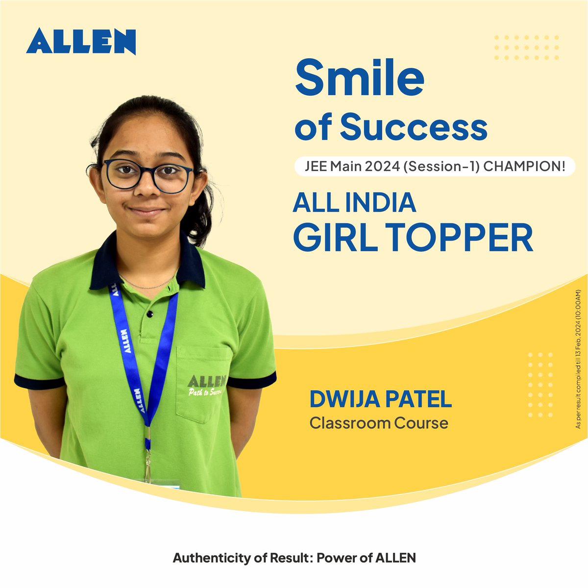 ALLENkota's tweet photo. 👏🏼Success knows no gender!
🌟The girl who achieved #JEEMain Girl Topper title belongs to #ALLEN
🎊Meet All India #GirlTopper - Dwija Patel, who proved that girls with passion can move mountains and create historic results
#ALLENHaiTohMumkinHai #SmilesOfSuccess #JEEResult https://t.co/KrQg5V9hOo