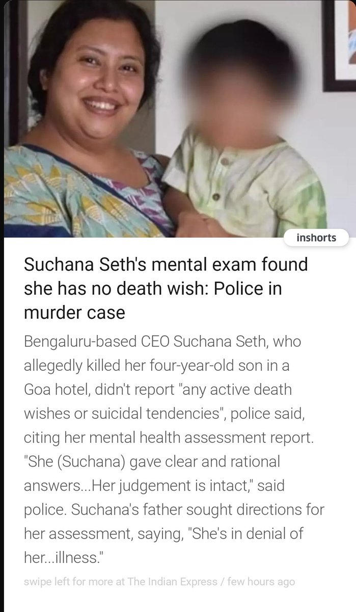 #SuchanaSeth Case Update | Mental Exam Report

'She gave clear & rational answers. She didn't report any active death wishes or suicidal tendencies'

🔹️Background Story | AI Start Up Businesswoman Murdered Her 4-Year-Old Son In Goa Because She Was Unhappy With Court Order…