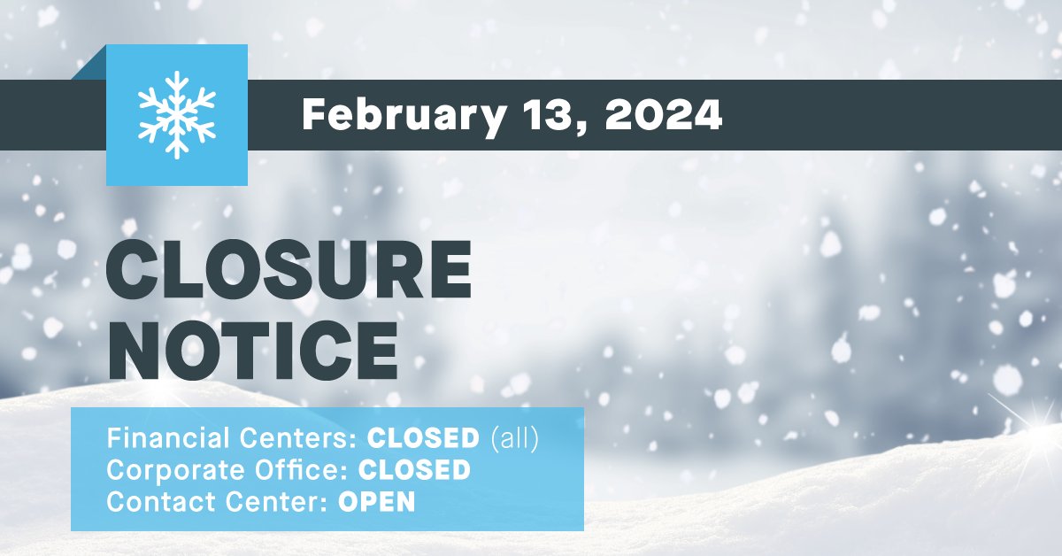 Due to inclement weather, all First Commonwealth Financial Centers will be CLOSED on Tuesday, February 13th. Your safety is our priority. Remember, Digital Banking is here for you, providing convenient account access - anytime, anywhere. Stay safe and stay connected!