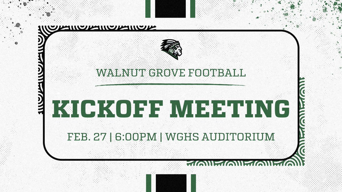 Attention Parents and Players, the 2024 WGHS and Youth MS Football Kickoff Meeting is coming up. This meeting is for all Middle School and High School Athletes wanting to play football at Youth Middle or Walnut Grove. More info coming soon. @coachrobandrews