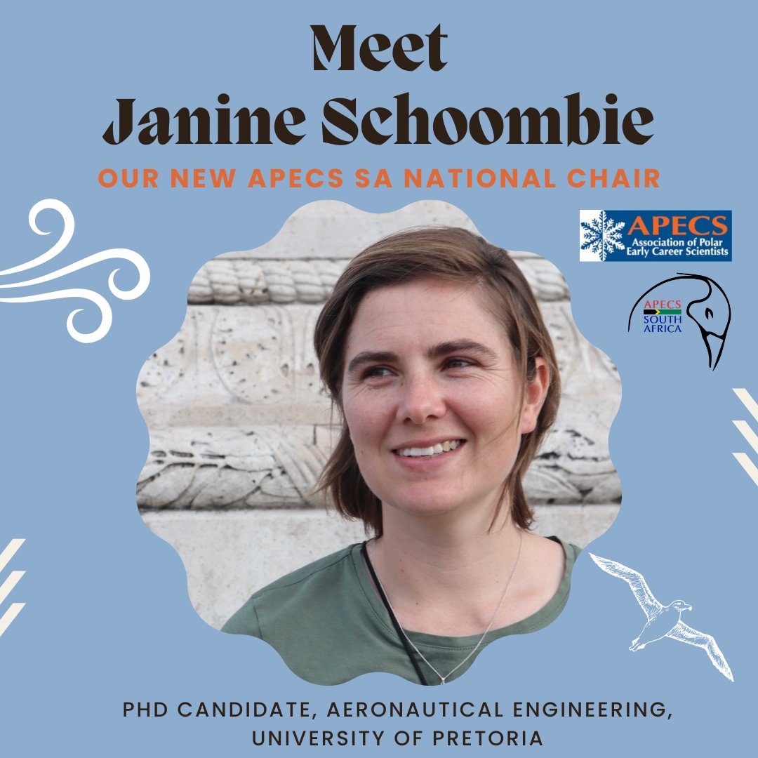 apecssa's tweet image. We are excited to announce that Janine Schoombie is our new #APECSSA chair! Janine combines #fluiddynamics, #aerodynamics, and the #subAntarctic in her PhD project at @UPTuks, studying the effect of changing winds on the flight capabilities of Grey-headed #albatrosses.