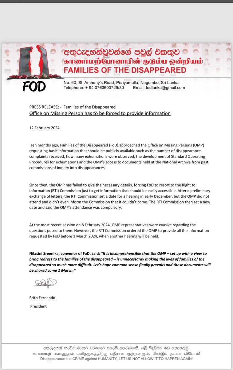 francesharris0n's tweet photo. In the country with the 2nd largest number of disappearances the disappearance body has to be forced to provide families even basic info on its activities! This when #lka promising a truth commission! https://t.co/LAZz9cC4go