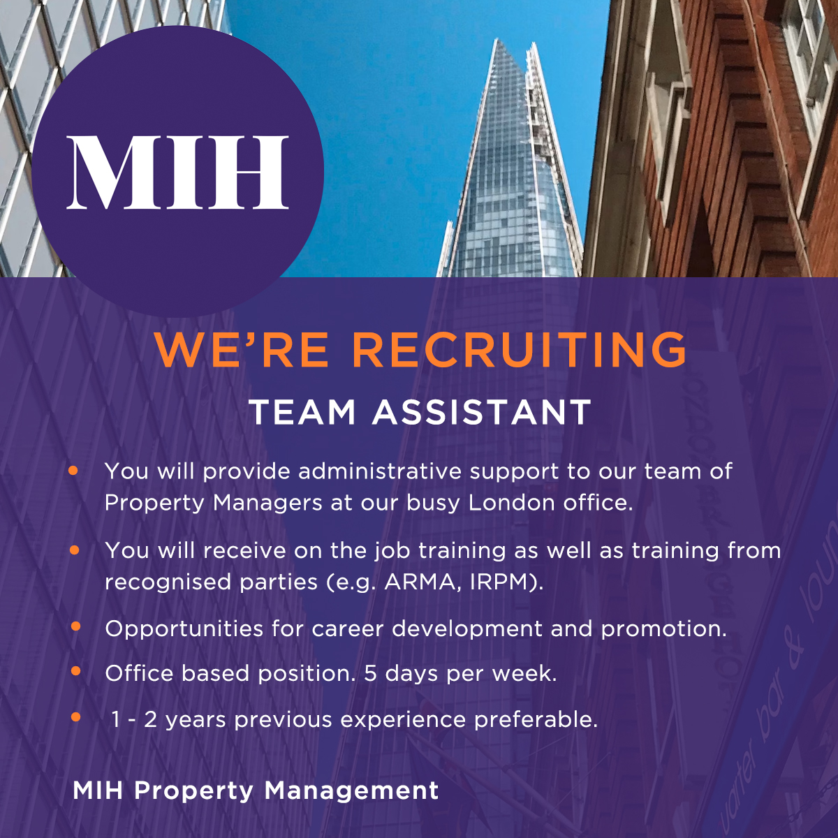 We are looking for a new TEAM ASSISTANT
Find out more  mihproperty.co.uk/join-us
(NO AGENCIES PLEASE)
#propertymanagement #propertymanager #recruitment #situationsvacant #jobsLondon #propertyassistant
