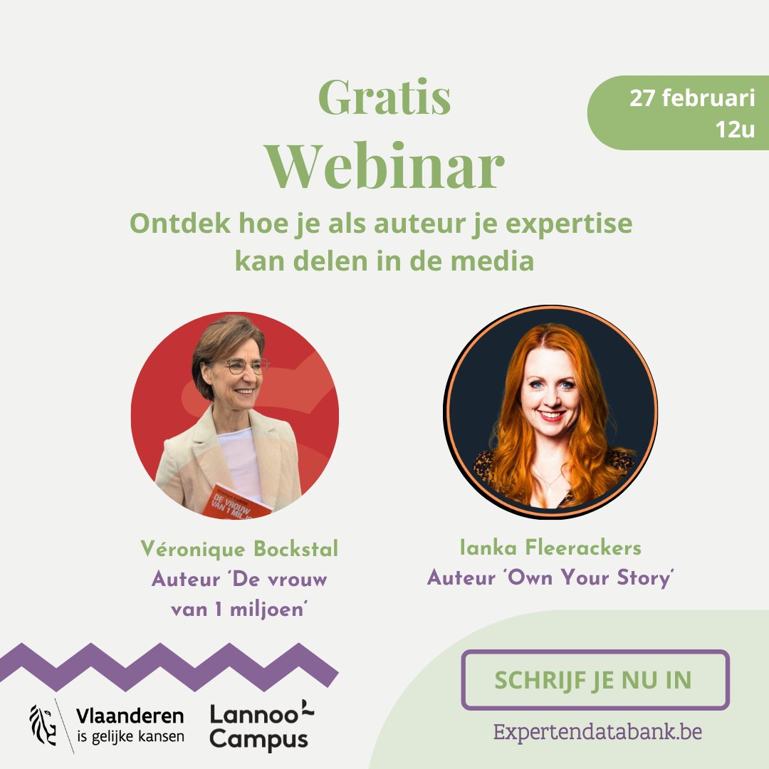 Ontdek hoe je als auteur jouw expertise in de media kunt delen met ons gratis webinar, i.s.m. @LannooCampus. Tijdens deze webinar zullen Véronique Bockstal & Ianka Fleerackers tips & tricks delen vanuit hun eigen ervaringen. Schrijf je snel in: forms.gle/C2QF9g33eWmm6T…