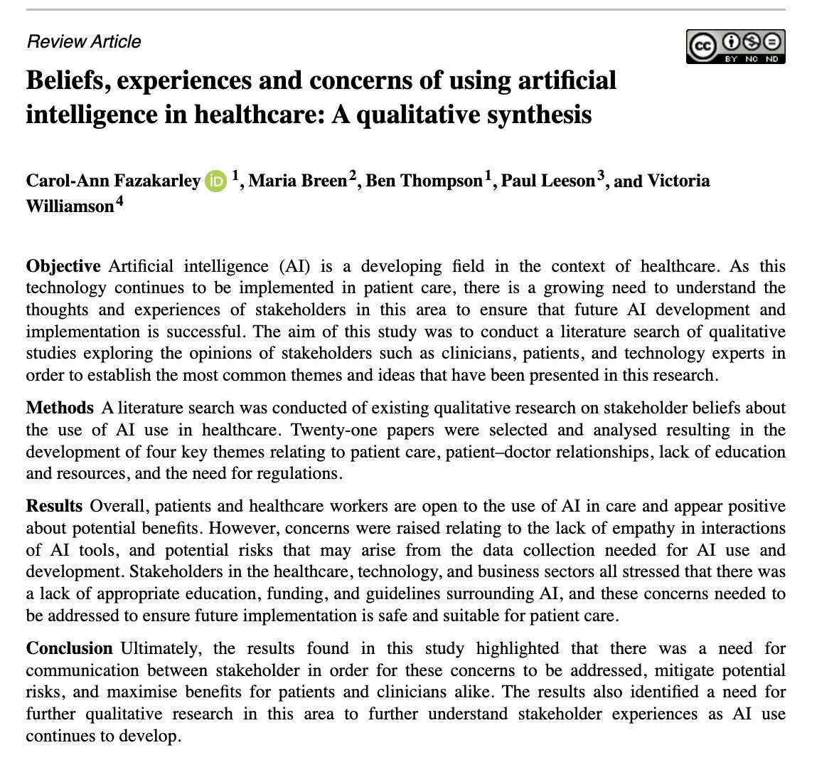 As AI increasingly is used in healthcare, our newest review looks at the experiences and concerns of key stakeholders in using AI in healthcare. Read it here - journals.sagepub.com/doi/10.1177/20… @DigitalHealthJ @ultromics