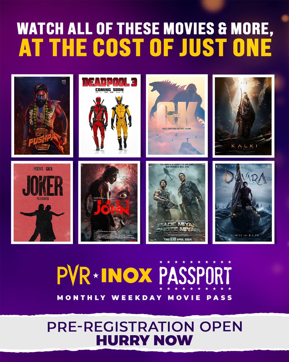 _PVRCinemas's tweet photo. Ready to level up your entertainment? 📽💥
Subscribe to #PVRINOX Passport and immerse yourself in the latest entertainment for the cost of just one.
Pre-register now: https://t.co/CSqzLlzyTk
.
.
.
#PVRINOXPassport #Offer #BlockbusterOffer #Discount #Deal #Passport #Preregister https://t.co/M7P9OrRsi8