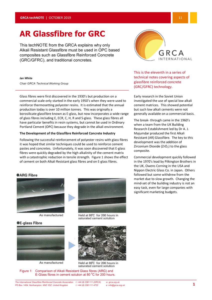 #GRCA #TechnicalTuesday;
"AR Glassfibres"
@grcassociation has technical documents in a techNOTE series featuring glassfibre reinforced concrete #GRC / #GFRC specification, manufacture &amp; use.
techNOTE 11 considering AR Glassfibres in GRC/GFRC available at grca.online/contentfiles/n…