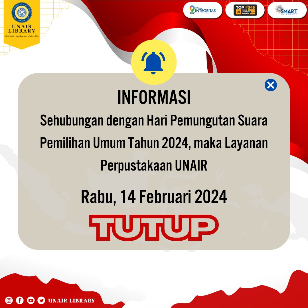 unairlibrary's tweet image. [FLASH NEWS] Informasi Tutup Layanan Perpustakaan Universitas Airlangga.
#infoperpus
#UNAIRHEBAT