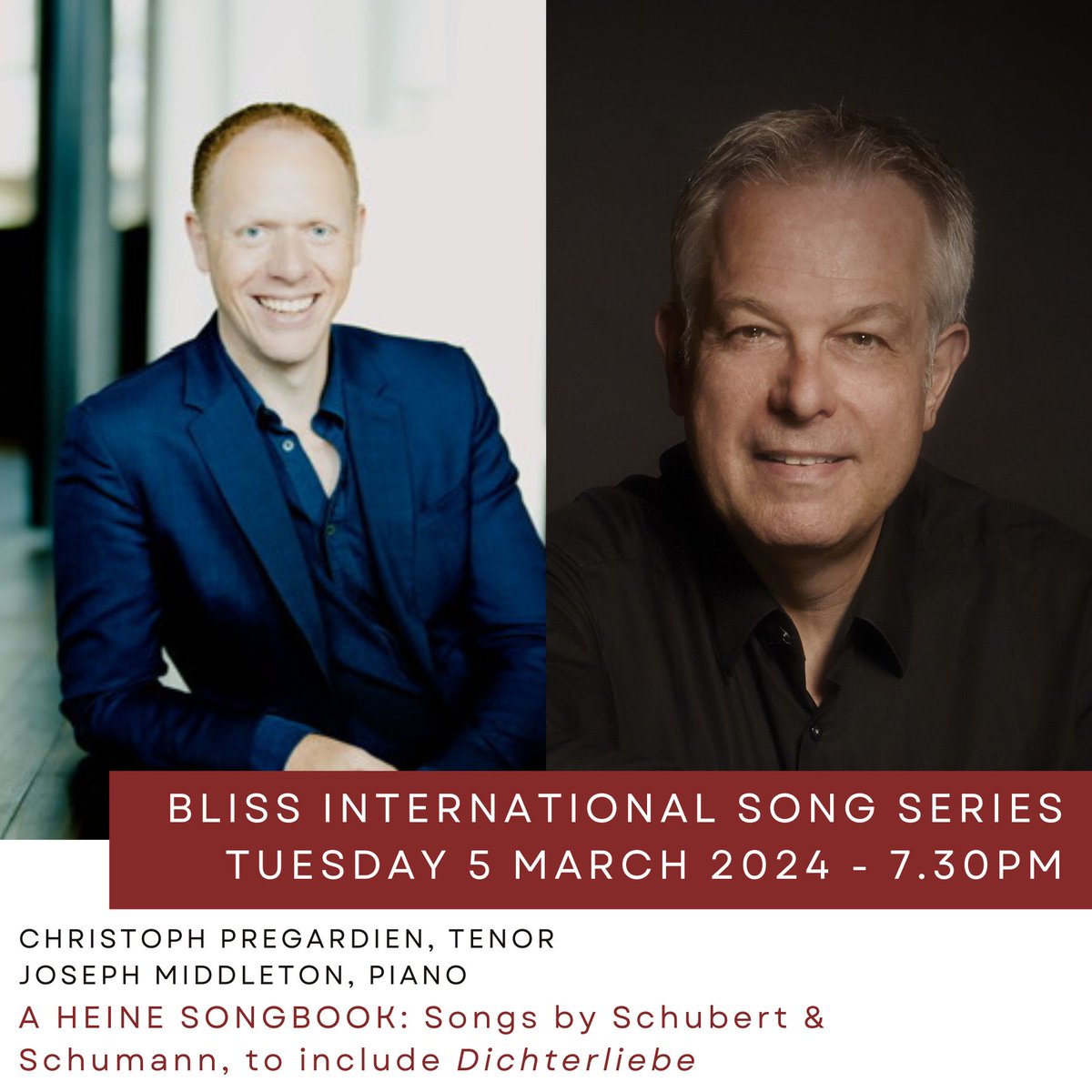 PembrokeSong's tweet photo. 📅Tuesday 5th March 2024
🎹Christoph Prégardien, tenor &amp; Joseph Middleton, piano
🎶Schubert &amp; Schumann, to include "Dicterliebe"

📅Thursday 2nd May 2024
🎹Iestyn Davies, countertenor &amp; Joseph Middleton, piano
🎶Dowland, Purcell, Britten, Adès, Helen Grime and Cheryl Frances Hoad https://t.co/msAWtGUrHh