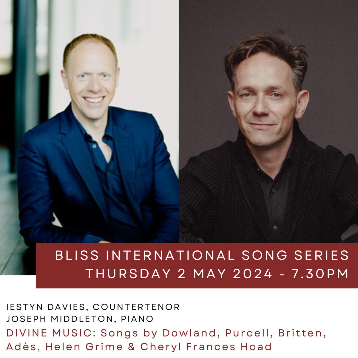 PembrokeSong's tweet photo. 📅Tuesday 5th March 2024
🎹Christoph Prégardien, tenor &amp; Joseph Middleton, piano
🎶Schubert &amp; Schumann, to include "Dicterliebe"

📅Thursday 2nd May 2024
🎹Iestyn Davies, countertenor &amp; Joseph Middleton, piano
🎶Dowland, Purcell, Britten, Adès, Helen Grime and Cheryl Frances Hoad https://t.co/msAWtGUrHh