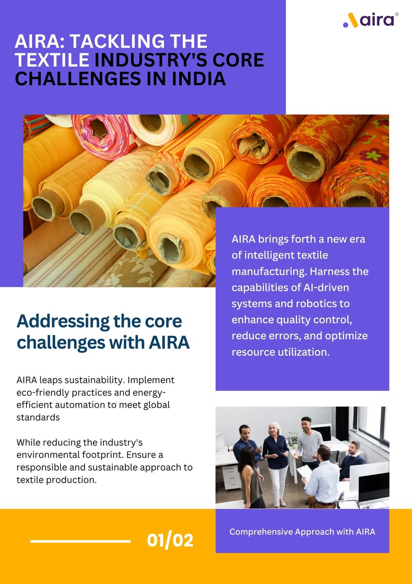 Aira_RPA's tweet photo. Driving transformative change in India's #textileindustry with AIRA - addressing the core #challenges through #innovation, #sustainability, and technology. Exciting times ahead as we weave a future of possibilities! https://t.co/ZcivOHlMFp