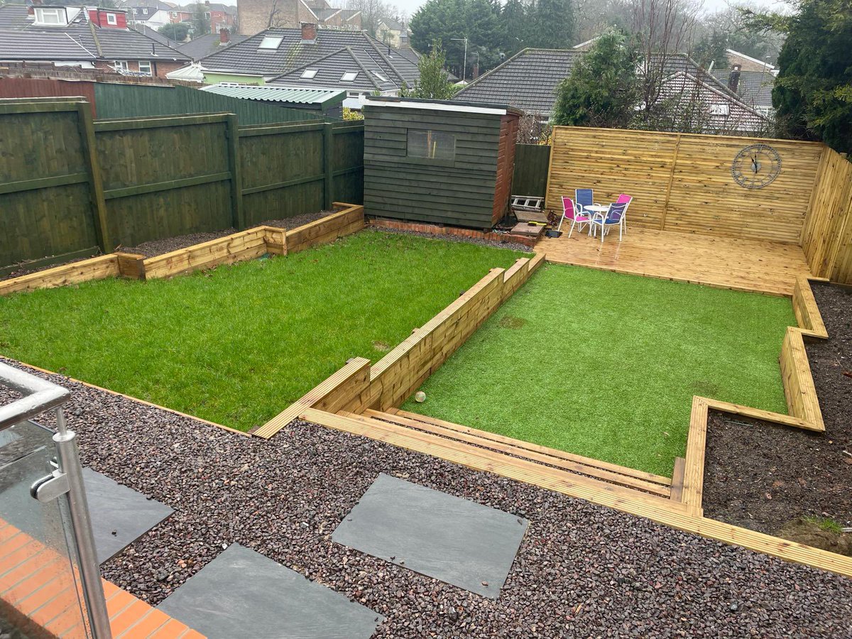 Garden transformation in Cyncoed 🏡

All ready for spring summer incl.  

Raised borders
Decked area
Block/brick retaining wall
Anthracite Porcelain slabs
Glass balustrade 
New fencing and both artificial and real turf

DM now for a free quote! 📧

#garden #gardentransformation