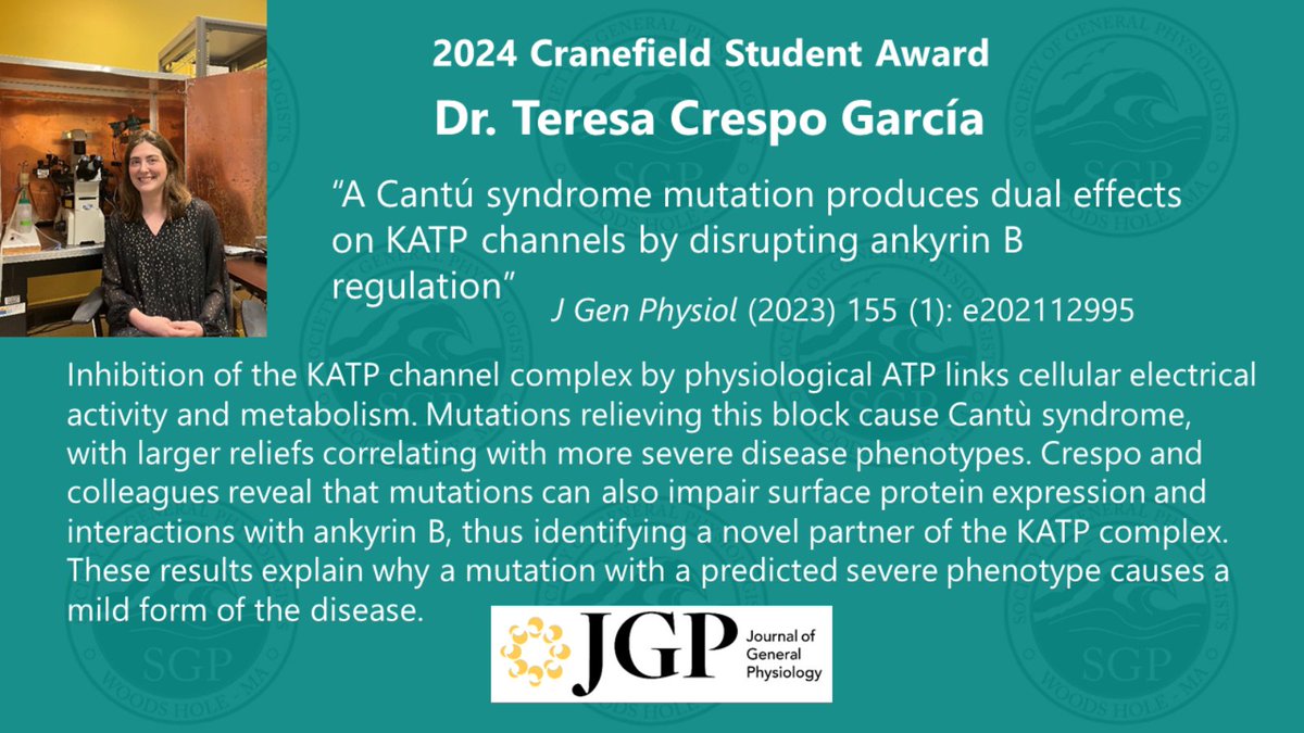 SGP congratulates Dr. Teresa Crespo García on receiving the 2024 Cranefield Student Award for her outstanding paper, “A Cantú syndrome mutation produces dual effects on KATP channels by disrupting ankyrin B regulation” doi.org/10.1085/jgp.20…